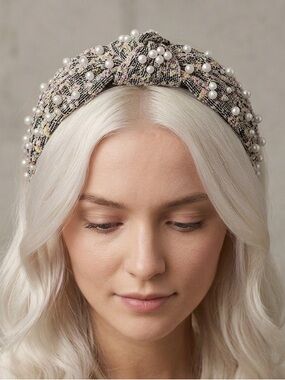 Pearl-Embellished Tweed Headband - Multicolor